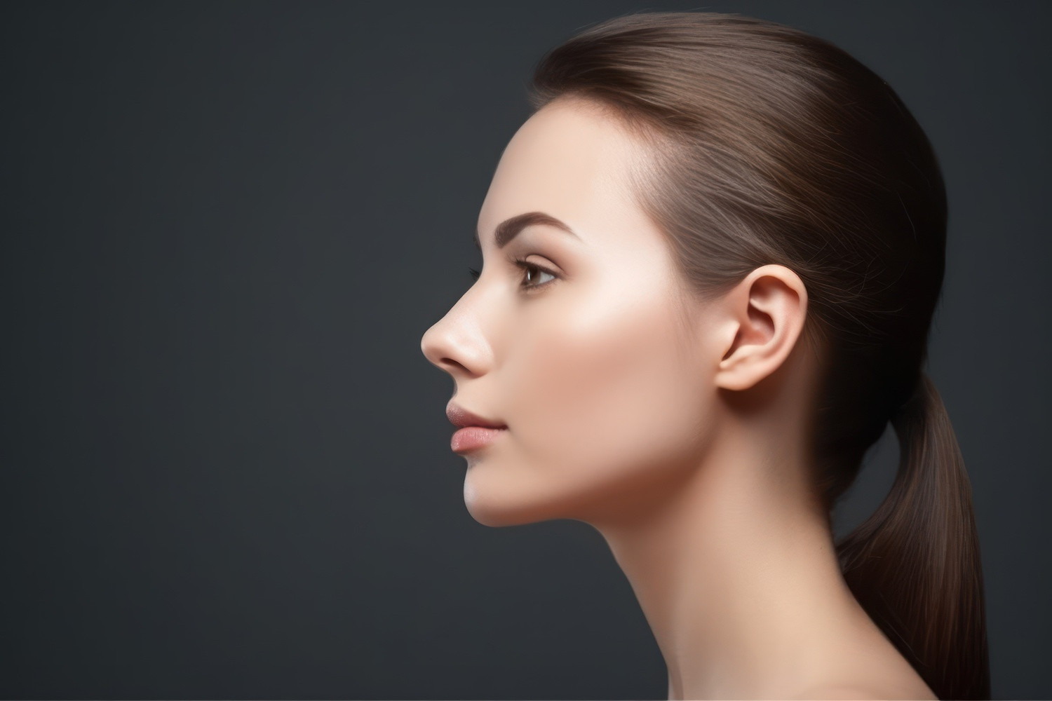 woman face profile side view chin lift pointing with index finger woman face profile side view chin lift pointing with index finger